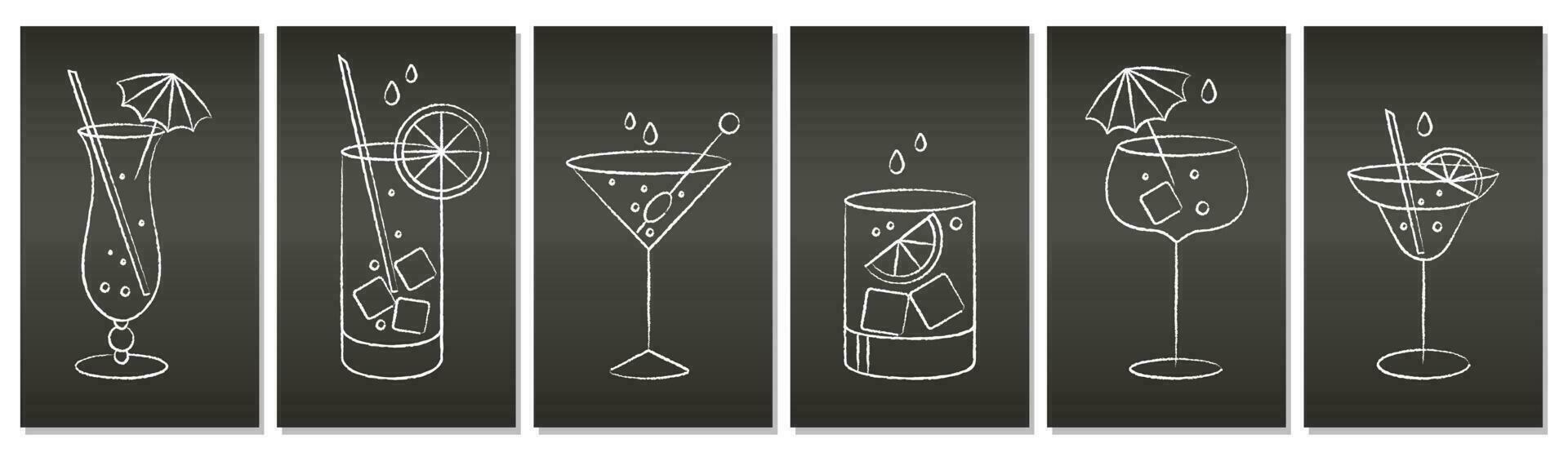 Set of white grunge drawings of refreshing cocktails with ice cubes, straws and umbrellas on a dark background. Drink icons, cafe menu, vector