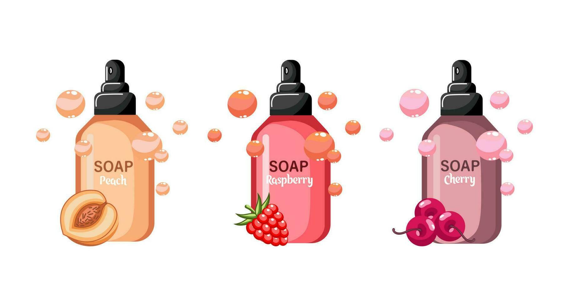 Bottles with liquid fruit soap, vector set. Icons, illustrations