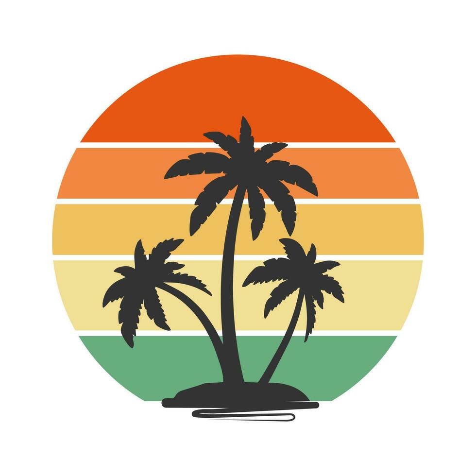 Vintage Sunset with island silhouette with palm trees. Circle in retro boho style. Illustration, sticker, scrapbook icon. Minimal abstract art. Vector
