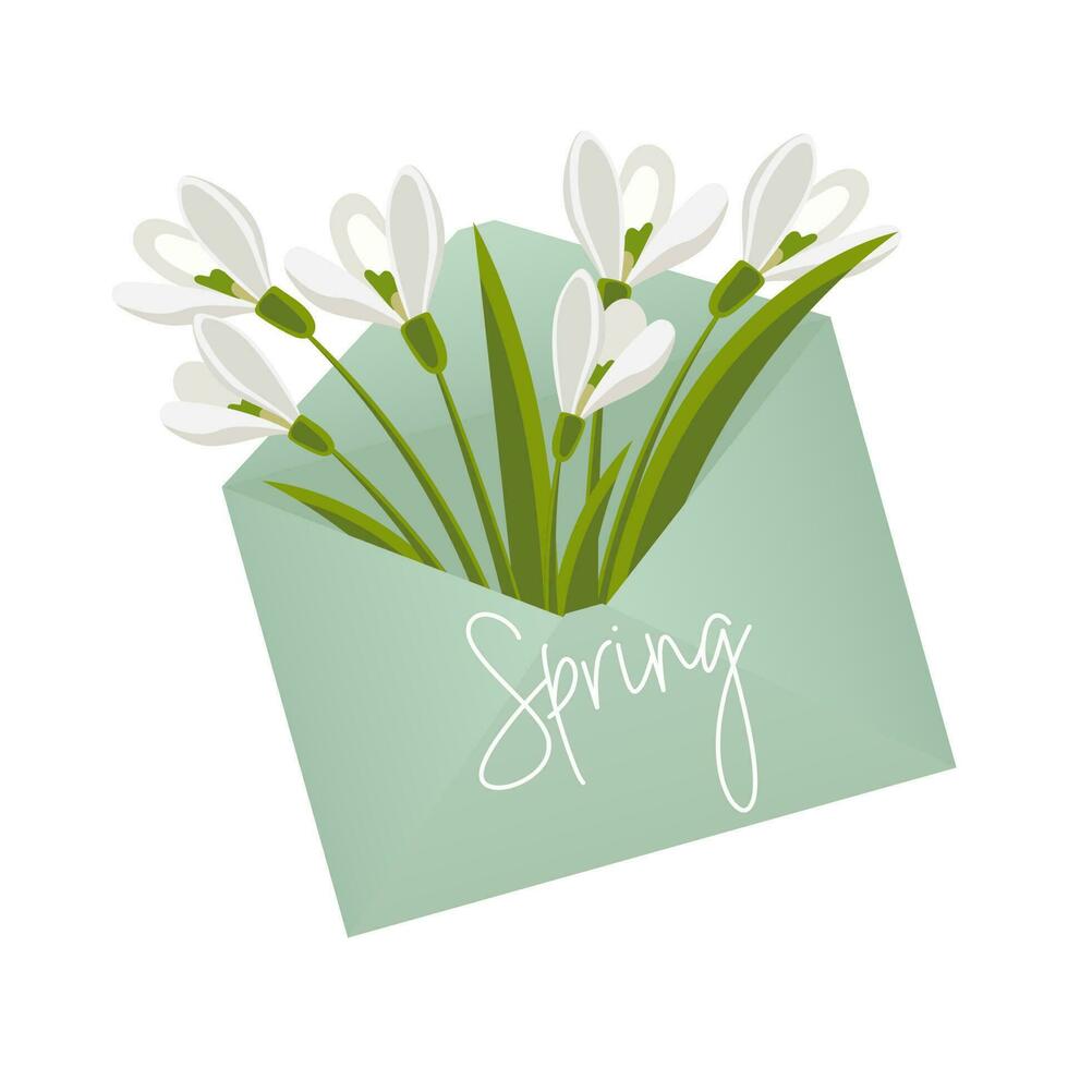 Envelope with a bouquet of snowdrops with the text Hello spring. Congratulation banner, postcard, poster, vector