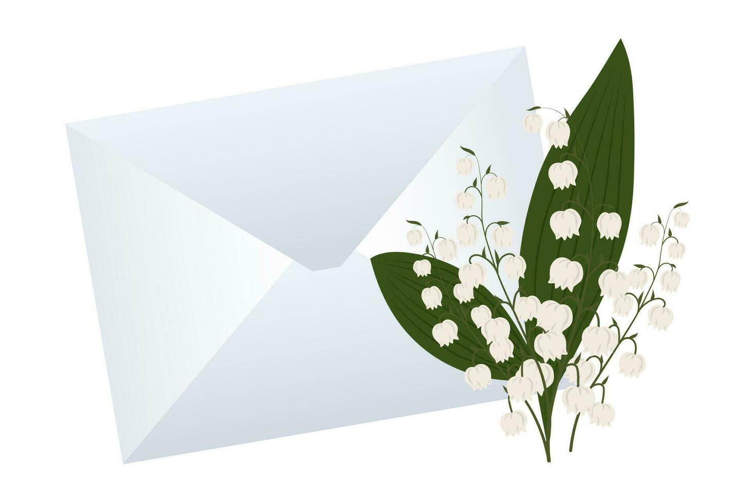 A bouquet of lilies of the valley and an envelope. Congratulation banner, postcard, poster, vector