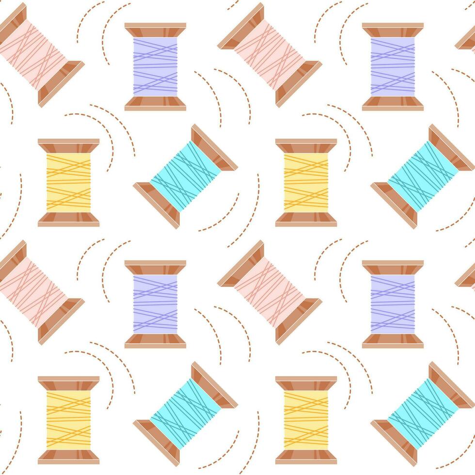 Seamless sewing pattern, spools of thread on a white background. Hobby background, print, textile, wallpaper, vector