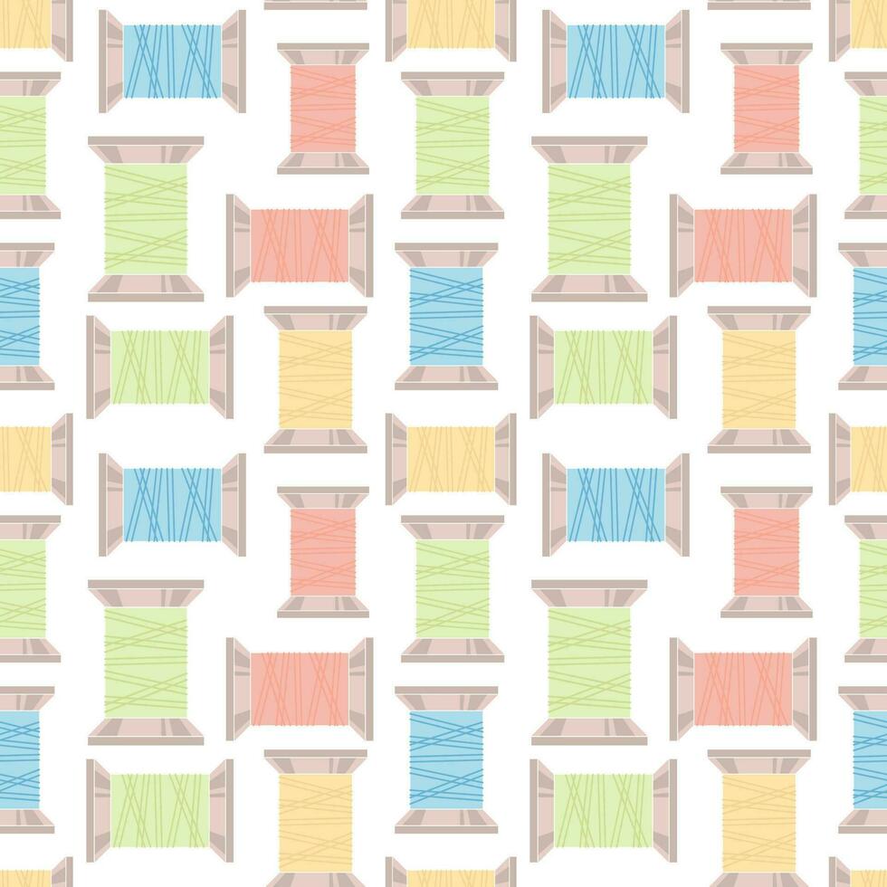 Seamless sewing pattern, spools of thread on a white background. Hobby background, print, textile, wallpaper, vector