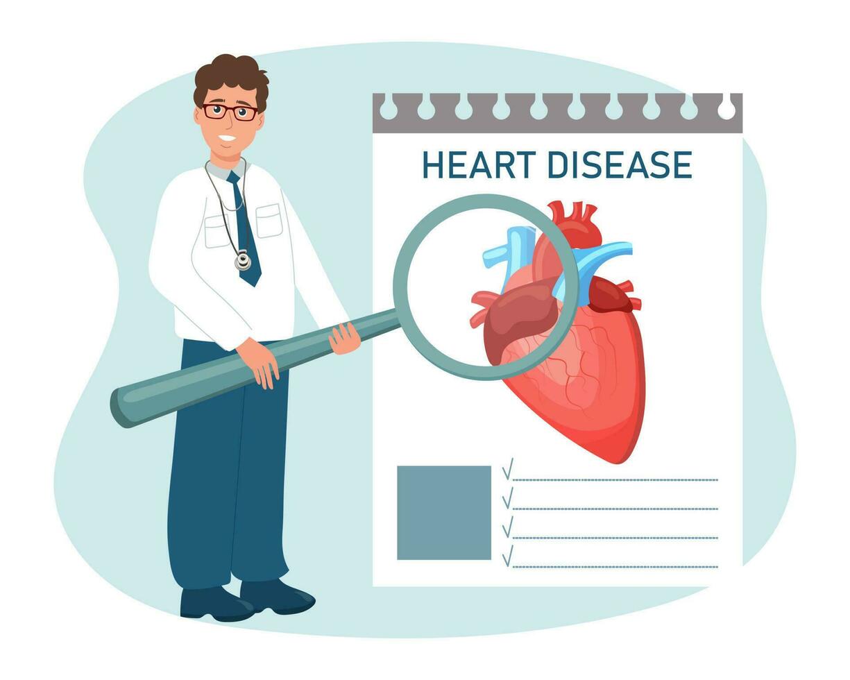 Male doctor with magnifying glass examines human heart diseases, cardiology. Medical healthcare concept. Vector