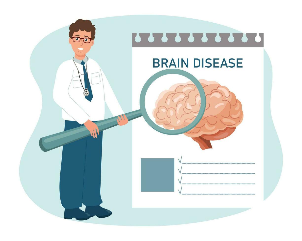 un masculino médico con un aumentador vaso estudios enfermedades de el cerebro, psicológico sistema. el concepto de Ciencias y medicamento. vector