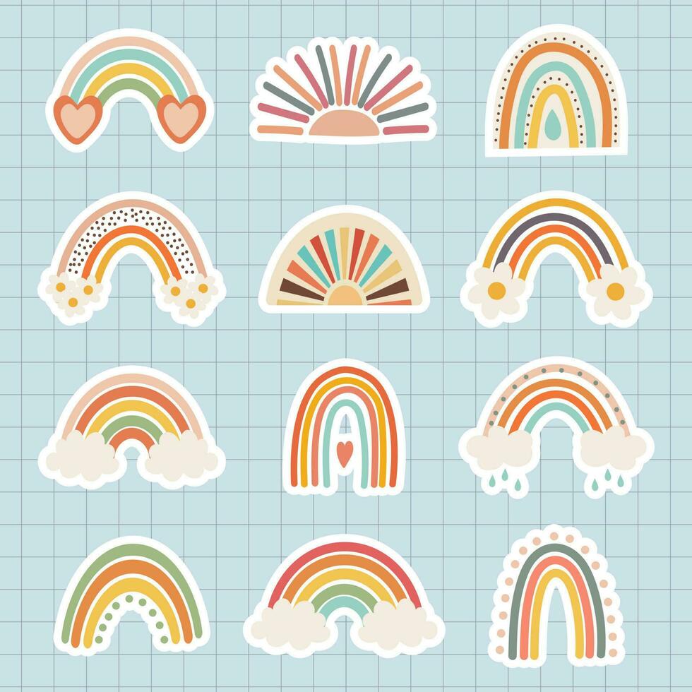 conjunto de garabatos, arcoiris, soles con nubes en retro boho estilo. bebé pegatinas, álbum de recortes iconos mínimo resumen Arte. vector