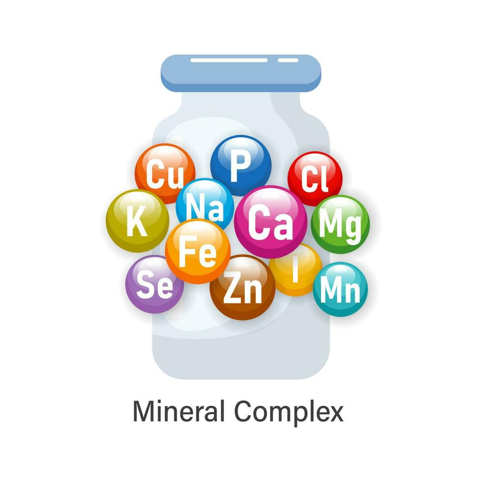 Mineral complex of healthy nutrition. Illustration of mineral icons, set. The concept of medicine and healthcare. Vector