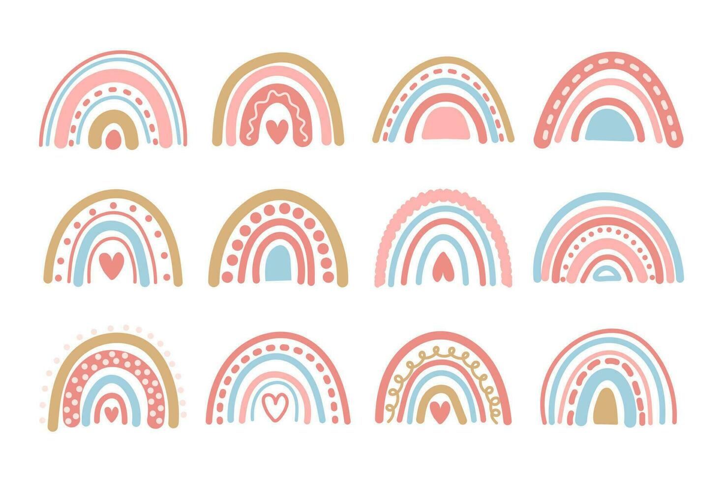 Set of doodles, hand drawn rainbows in retro boho style. Baby stickers, scrapbook icons. Minimal abstract art. Vector