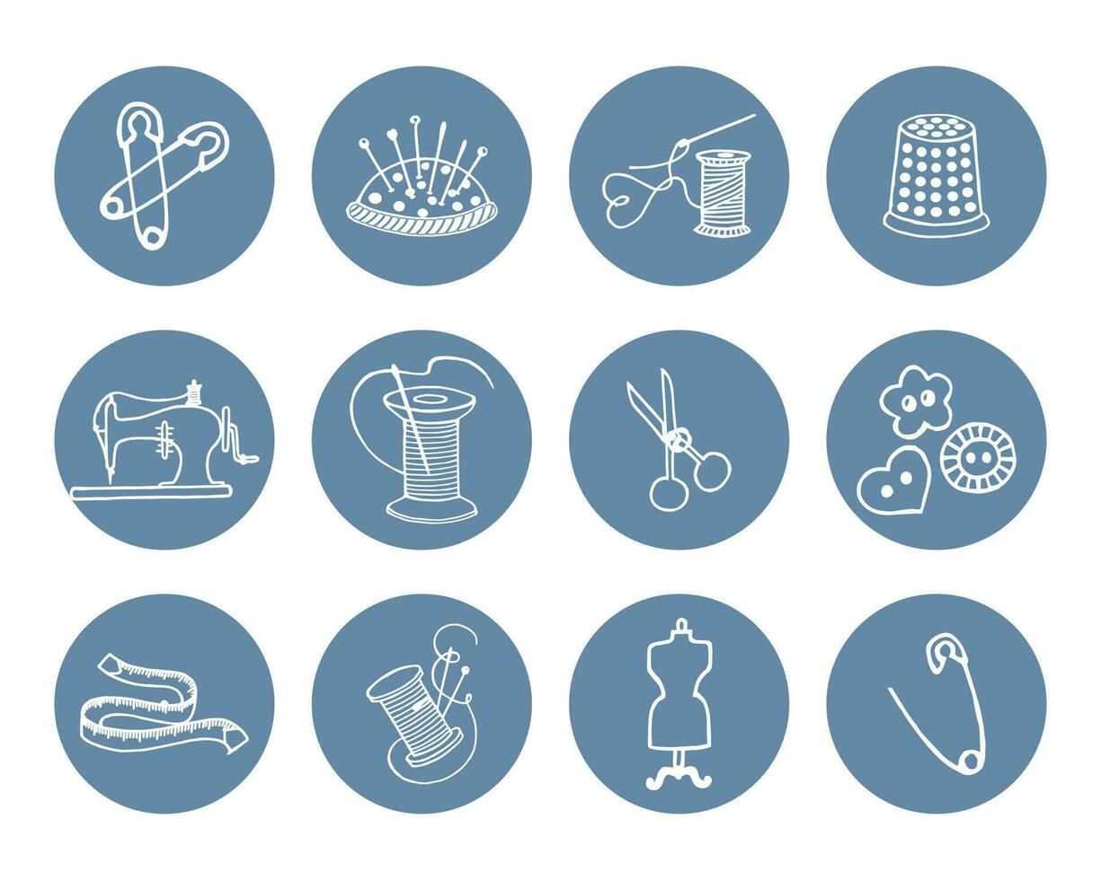 Set of contour icons for sewing. Sewing machine, spools of thread, buttons, thimble, needle holder. Round icons, vector