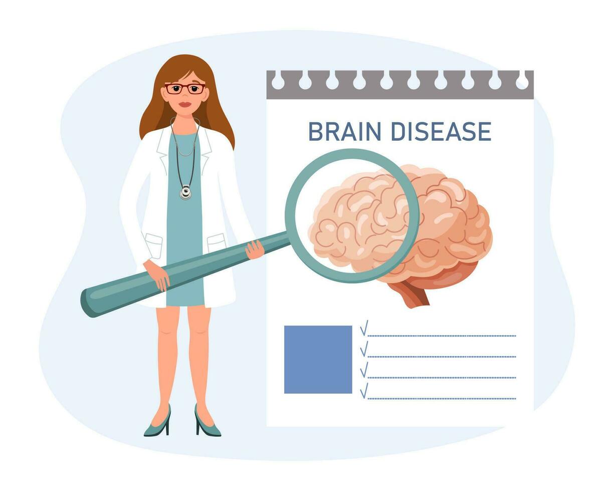 A female doctor with a magnifying glass studies the diseases of the brain, the psychological system. The concept of science and medicine. Vector