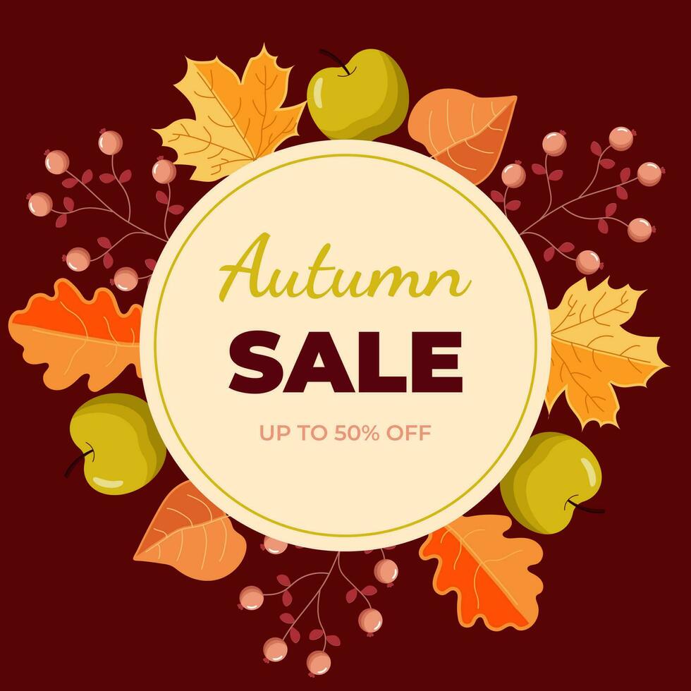 Autumn banner sale with leaves, apples and berries. Can be used for shopping sale, promo poster, banner, flyer, invitation, website. Vector illustration