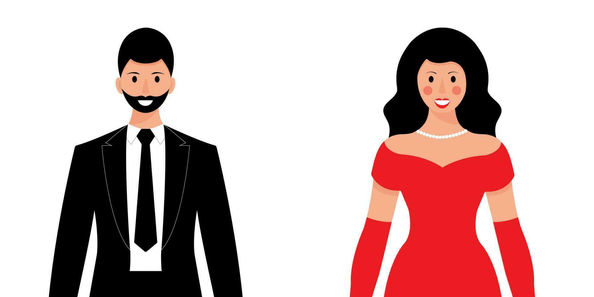Man and woman. Man in evening suit. Man in black tuxedo. Woman in red dress. Woman in evening dress. Vector illustration.