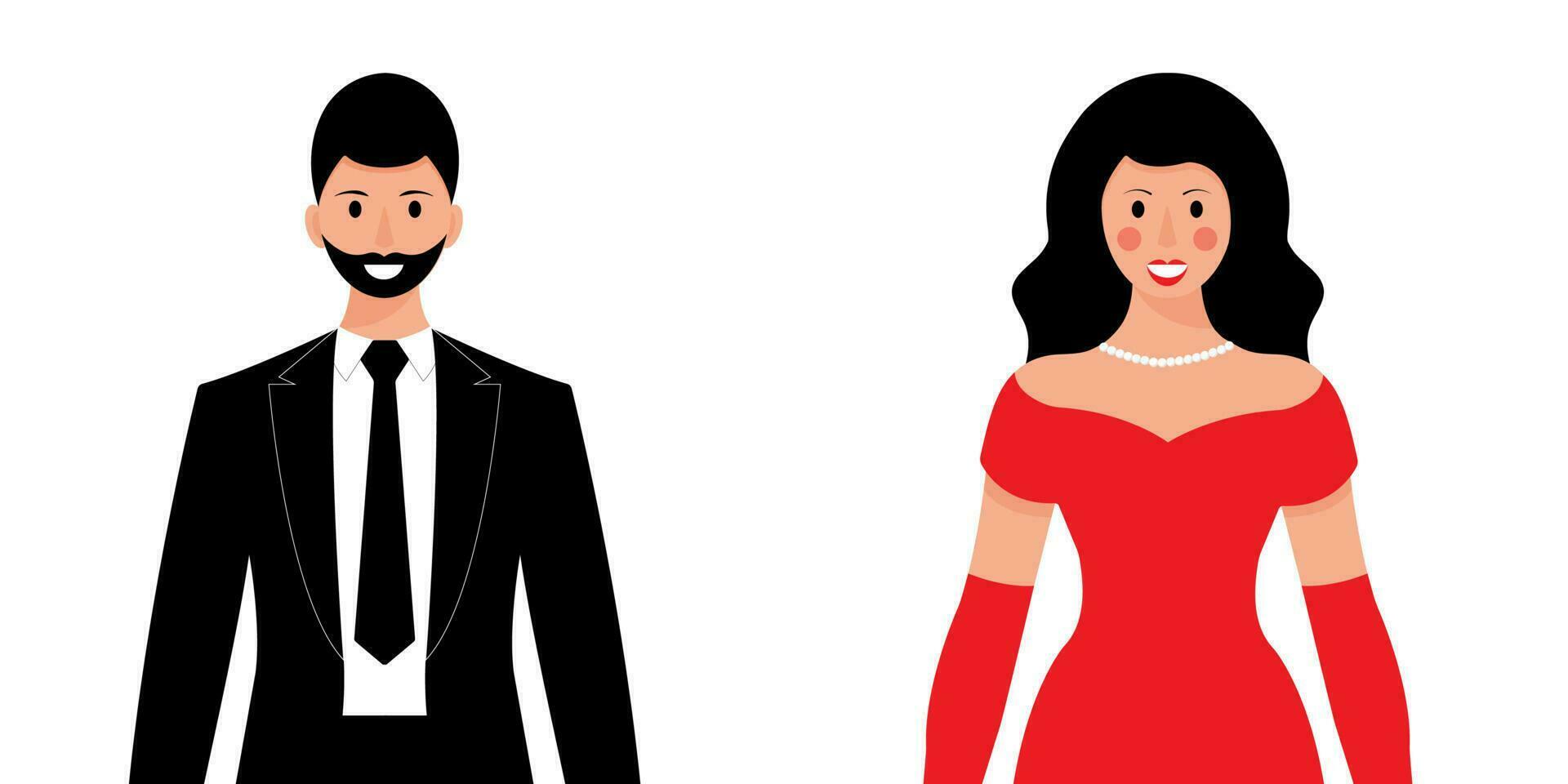 hombre y mujer. hombre en noche traje. hombre en negro smoking. mujer en rojo vestido. mujer en noche vestido. vector ilustración.