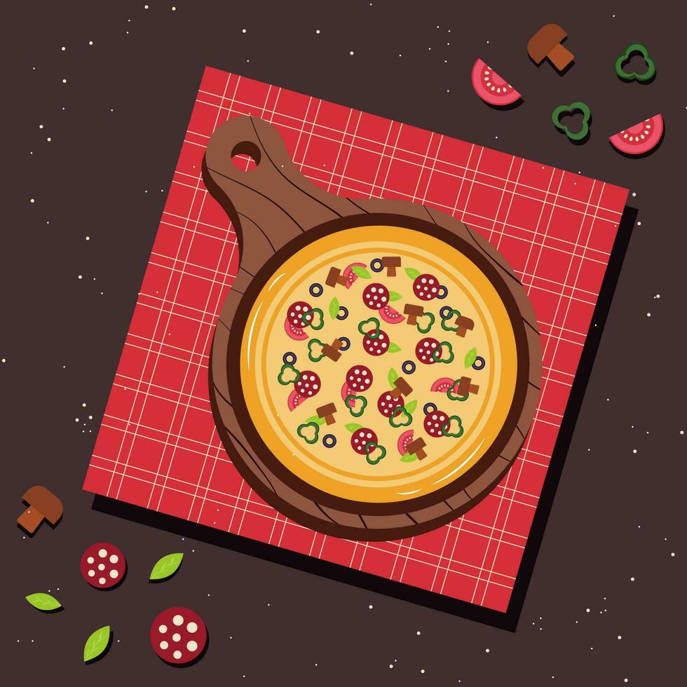 Pizza banner or background. Pizza on the board. Vector illustration.