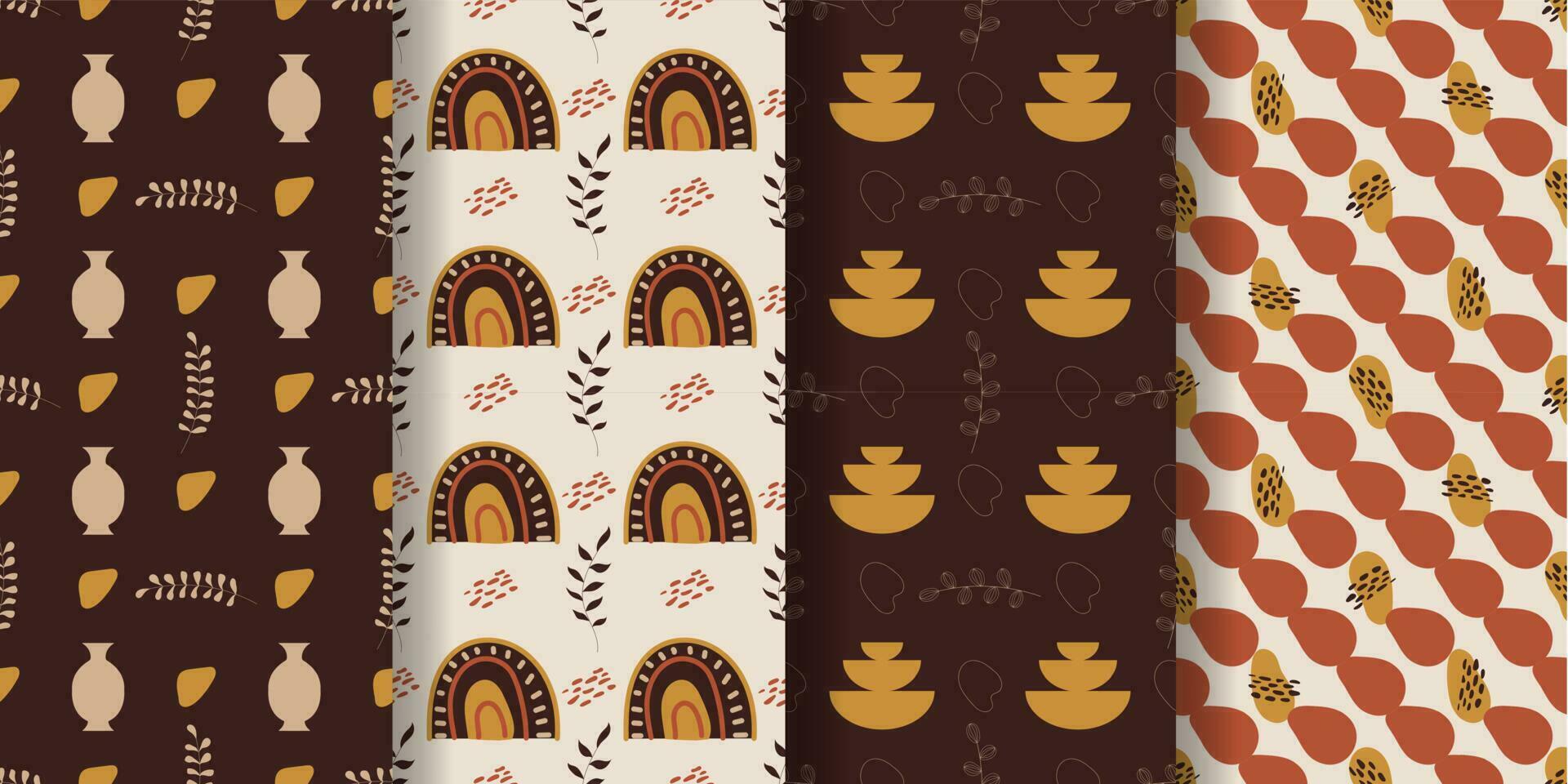 Aesthetic patterns. Boho patterns. Set of seamless pattern with leaves, vases, rainbows, dots and geomtric shapes in boho and aesthetic style. Vector Illustration.