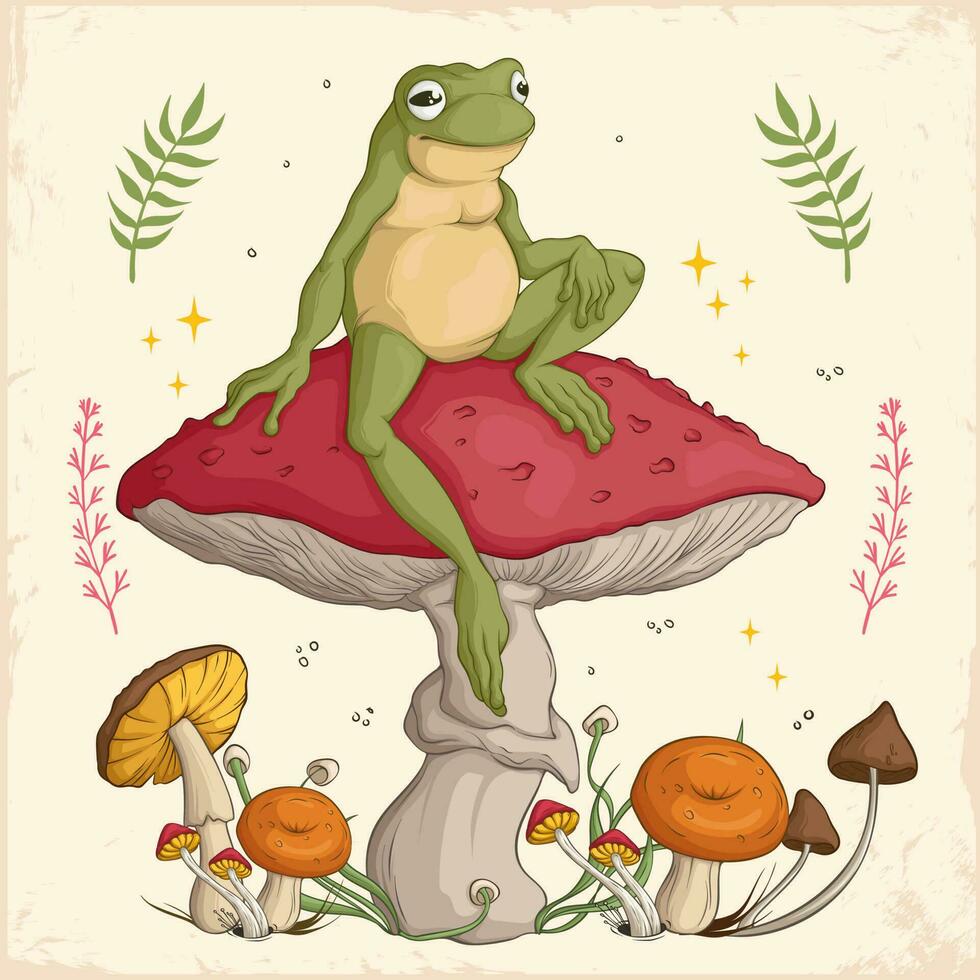 Hand drawn Cottagecore Aesthetic Goblincore Frog sitting on Mushroom, Cottage core style frog vector