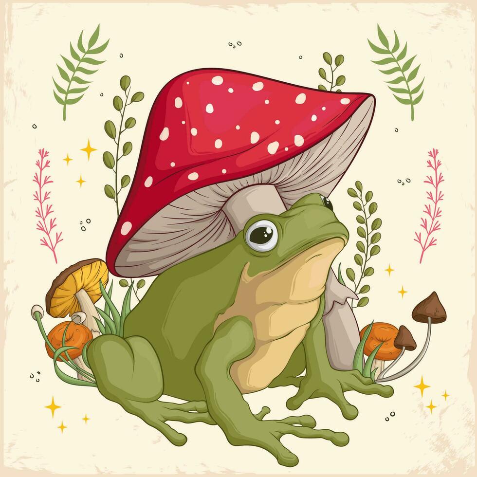 Hand drawn Cottagecore Aesthetic Goblincore Frog with Mushrooms and plants, Cottage core style frog vector