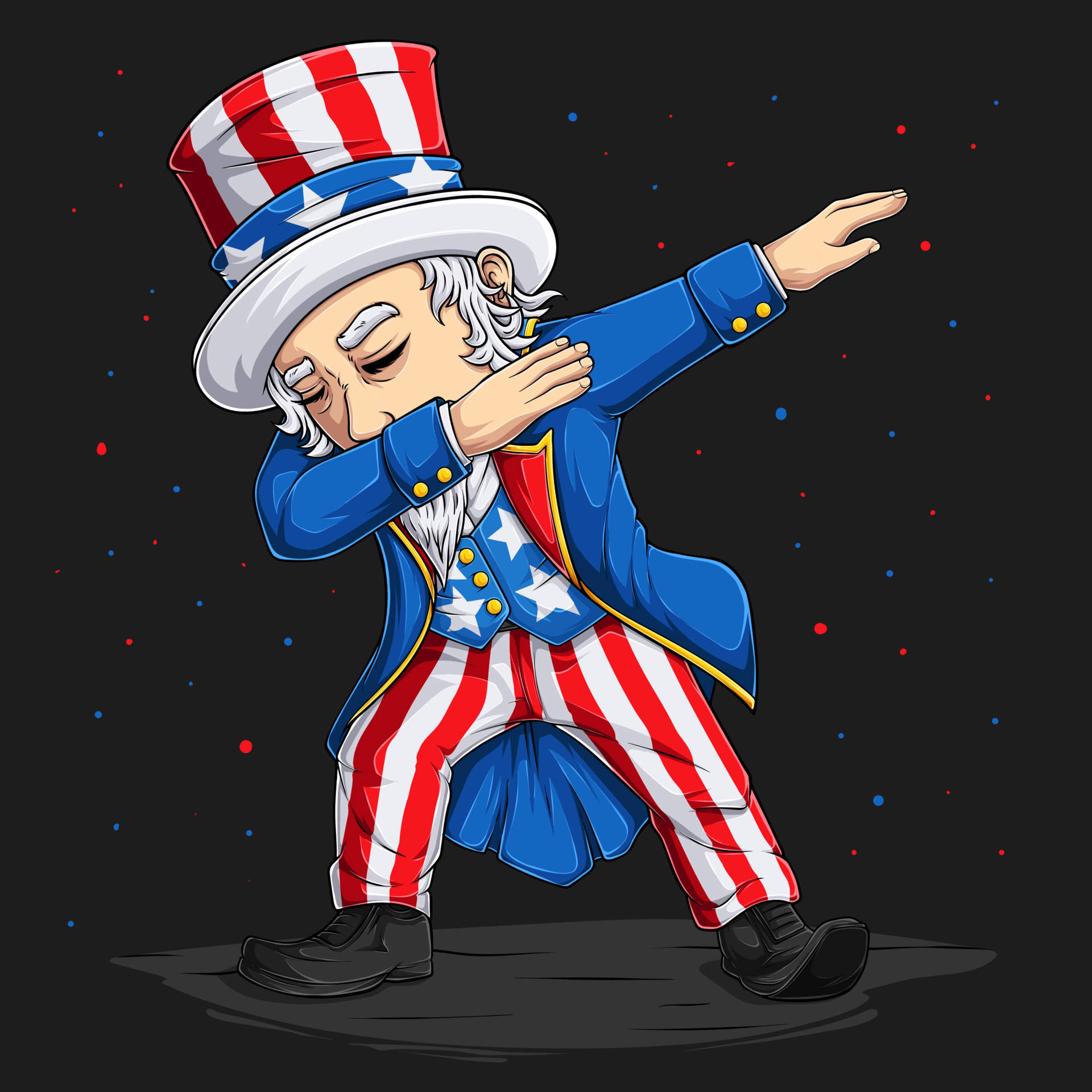 4th of July Uncle Sam character doing dabbing dance for American