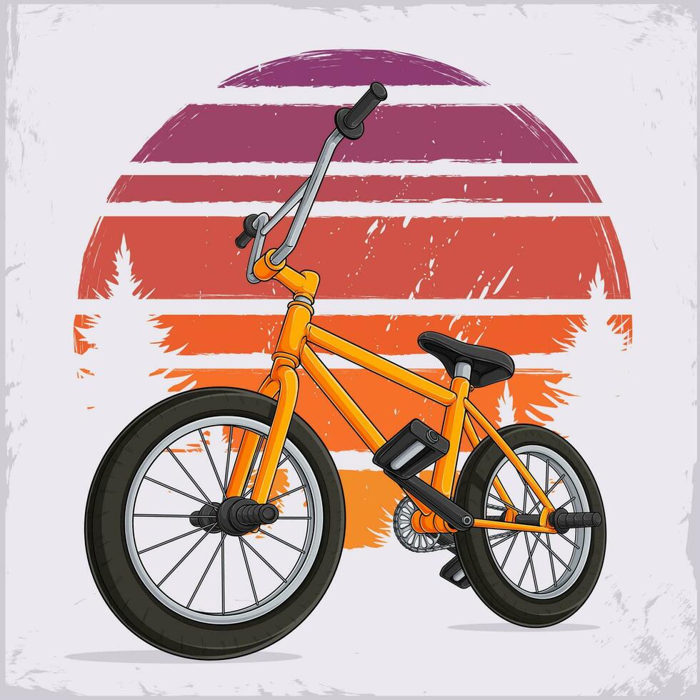 mano dibujado bmx bicicleta, amarillo bmx bicicleta en contra retro Clásico puesta de sol con arboles y grunge vector