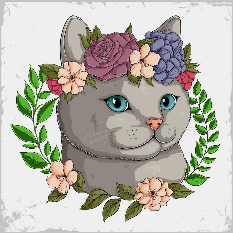 Hand drawn cute grey cat with beautiful flowers on his head in a colorful floral wreath vector