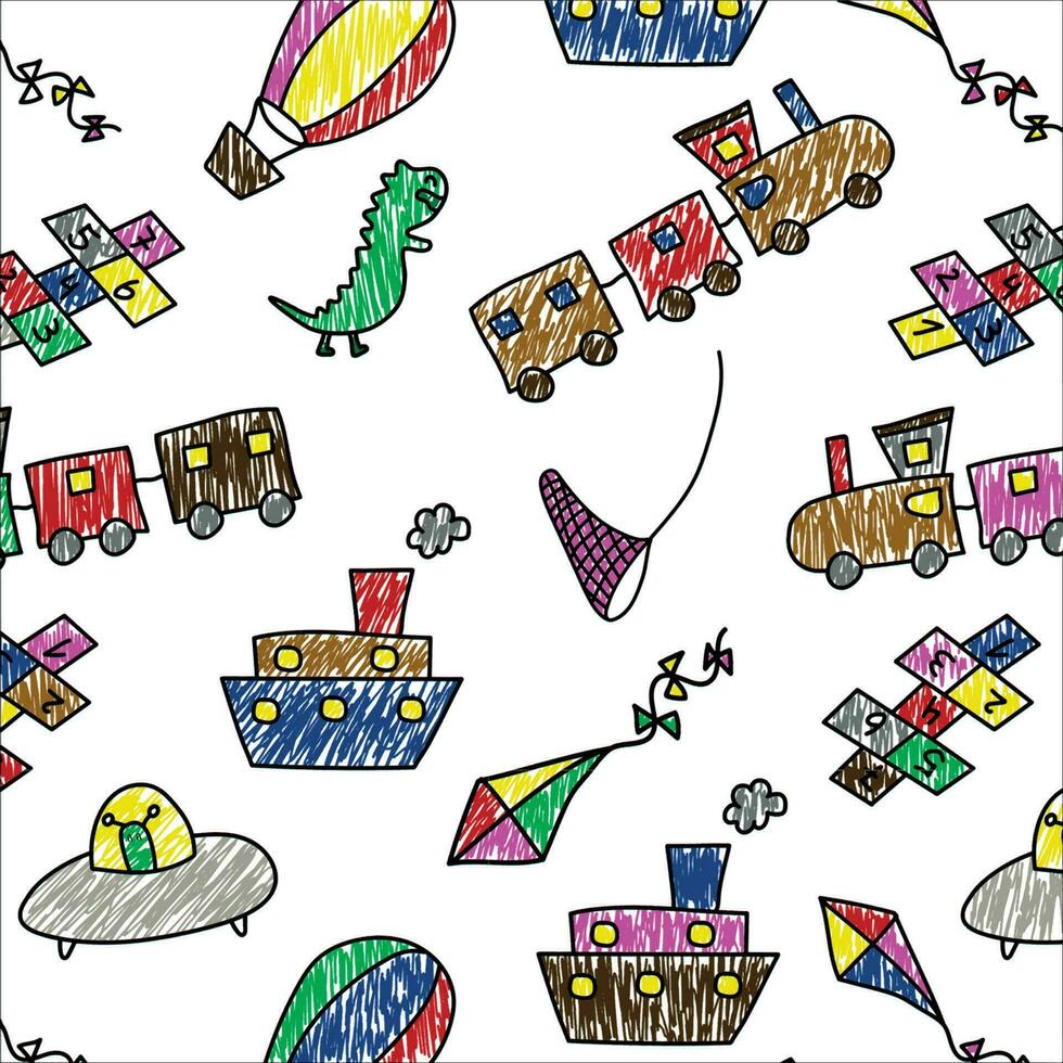 kids doodle pattern train dinosaur air baloon spaceship vector