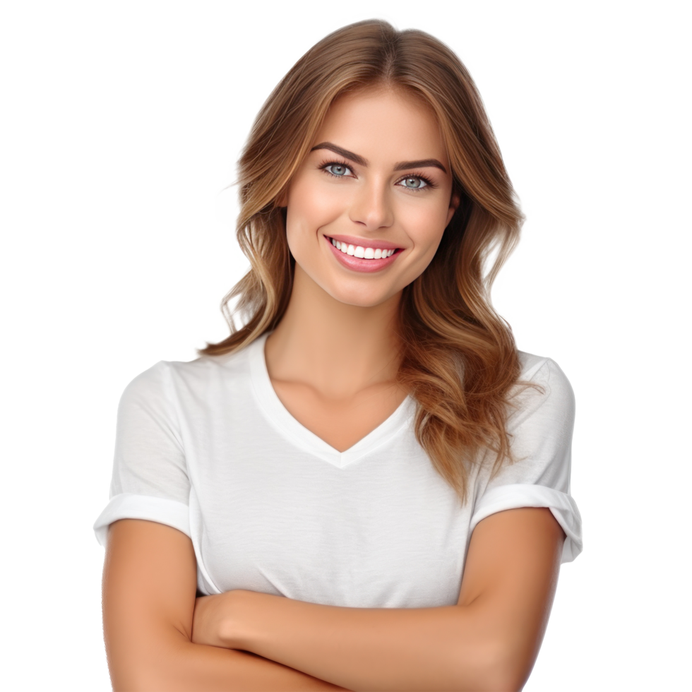 Young smiling woman looking at camera with crossed arms isolated. Illustration png
