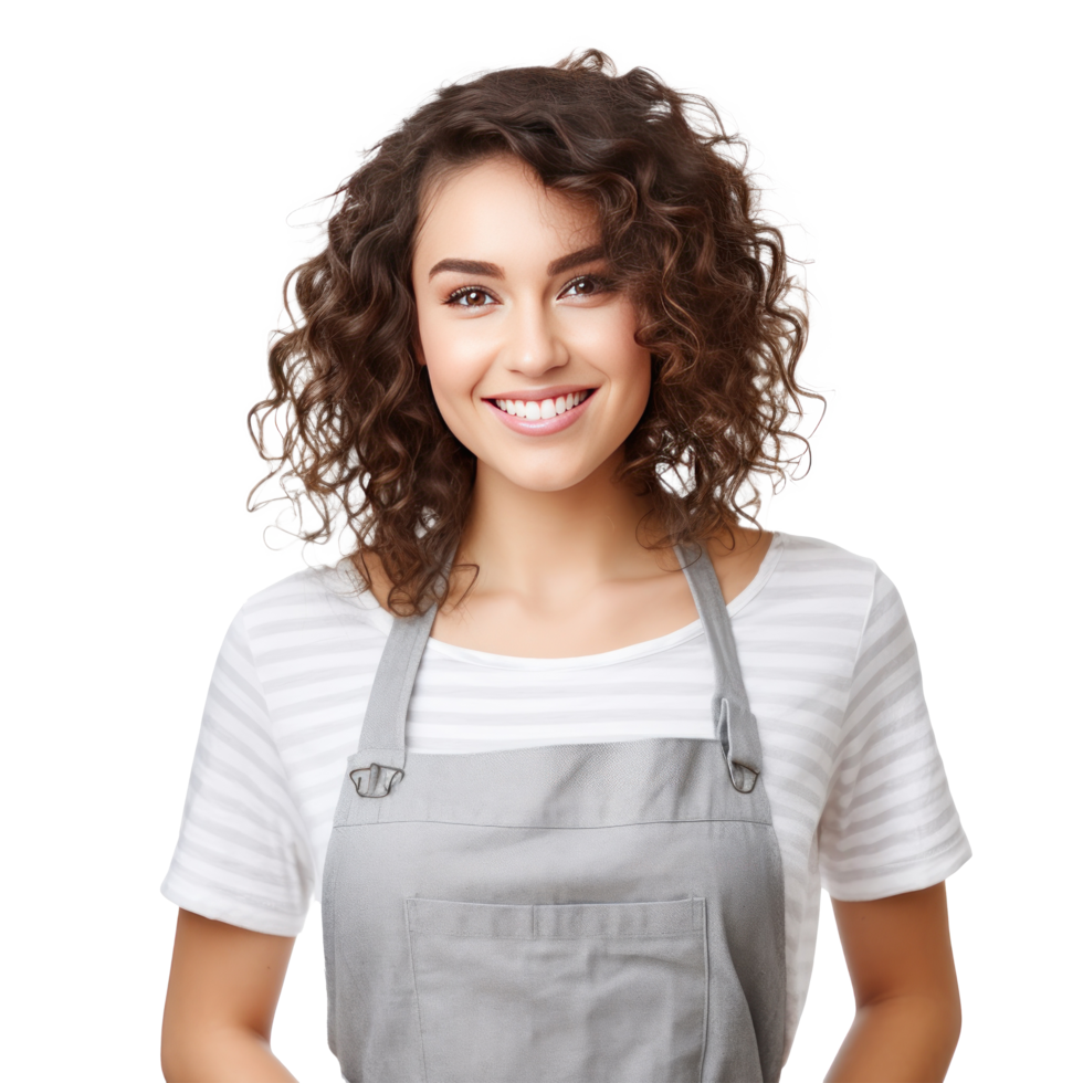 Happy woman , small business owner in casual wearing grey apron, isolated. Illustration png