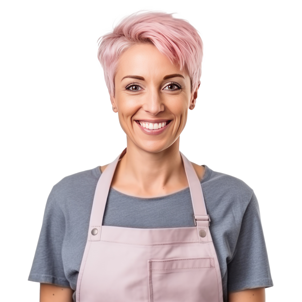 Happy woman , small business owner in casual wearing grey apron, isolated. Illustration png