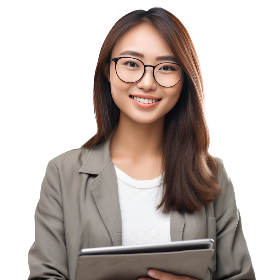 Business woman with tablet PC isolated. Illustration png