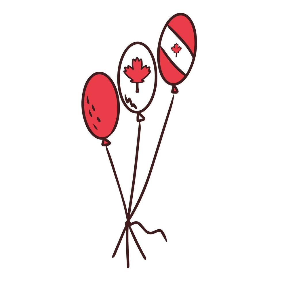 Balloons with Canada flag. Maple leaf as a symbol. The first of July is Kanda day. The symbolism is red and white. Doodle style. Postcard, banner, poster or design. Vector