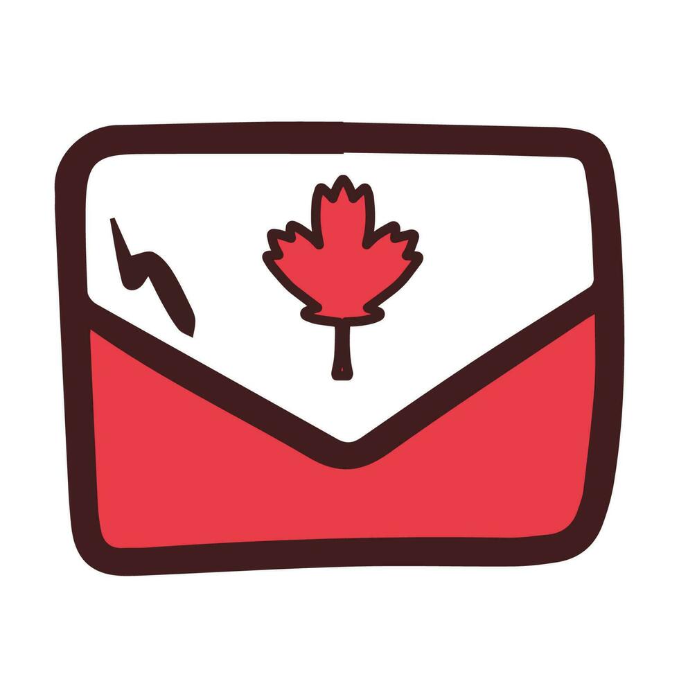 Postal envelope with wedge leaf. Canada Day. Maple leaf as a symbol. First of July. The symbolism is red and white. Doodle style. Postcard, banner, poster or design. Vector