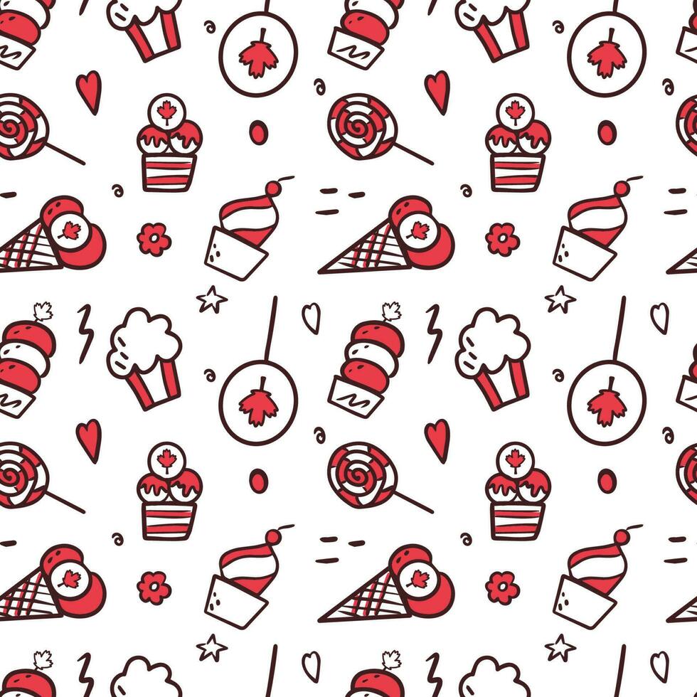 Canada Day. Seamless doodle style illustration with sweets. First of July. For textile, pattern, background or design. Vector