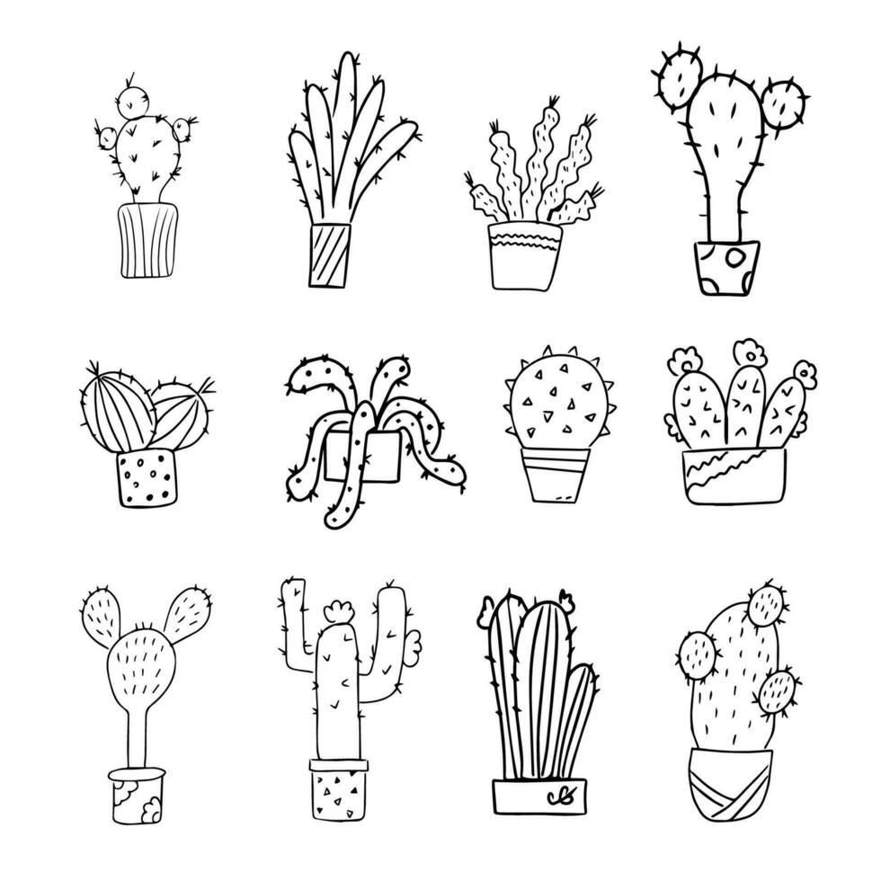 contorno conjunto de cactus en ollas. colorante libro en negro y blanco. para el diseño de tarjetas, invitaciones o pegatinas aislado vector