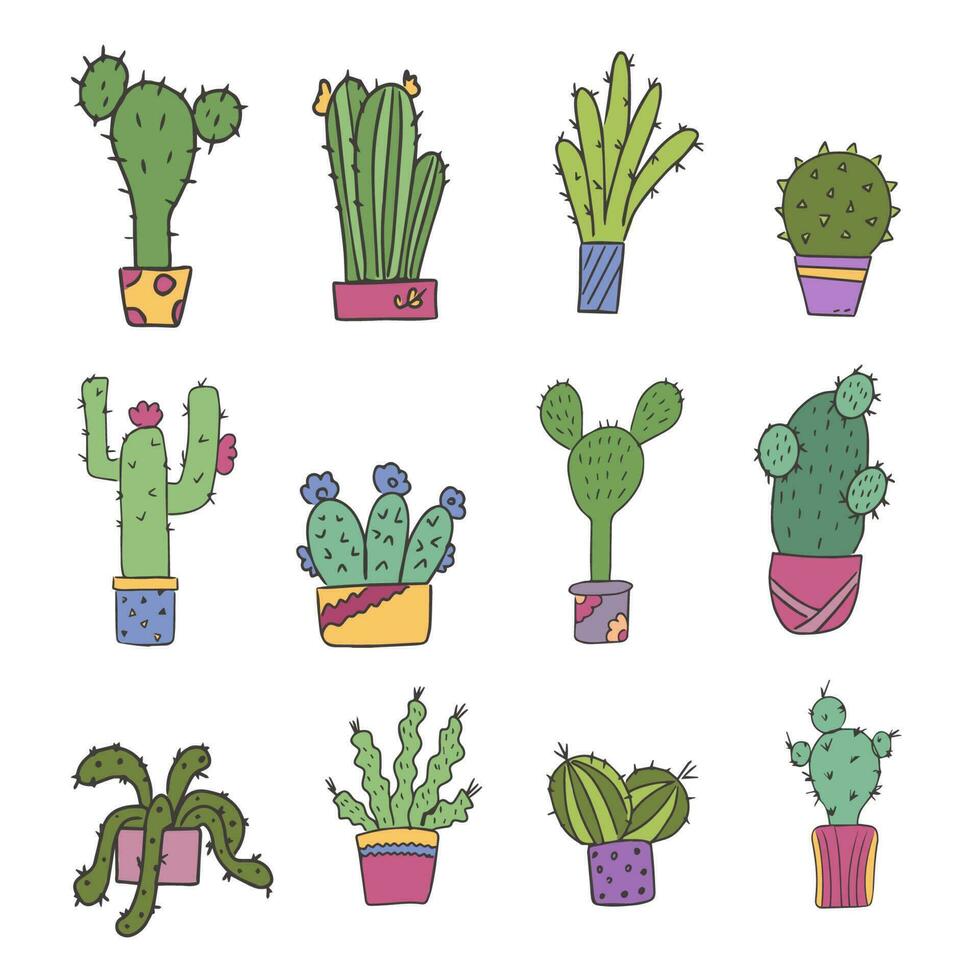 Cute set of potted cacti in doodle style illustration. For the design of postcards, invitations or stickers. Isolated vector