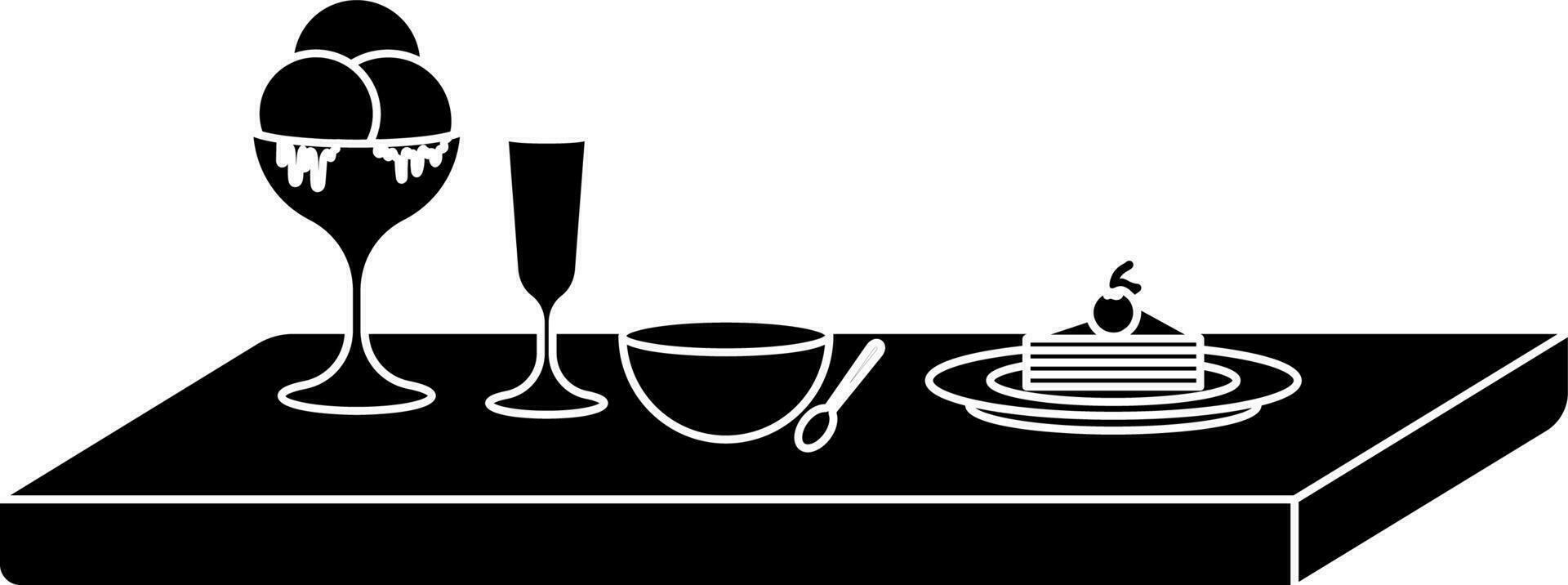 Bowl, spoon, cocktail glasses and ice cream glass decorated on table. vector