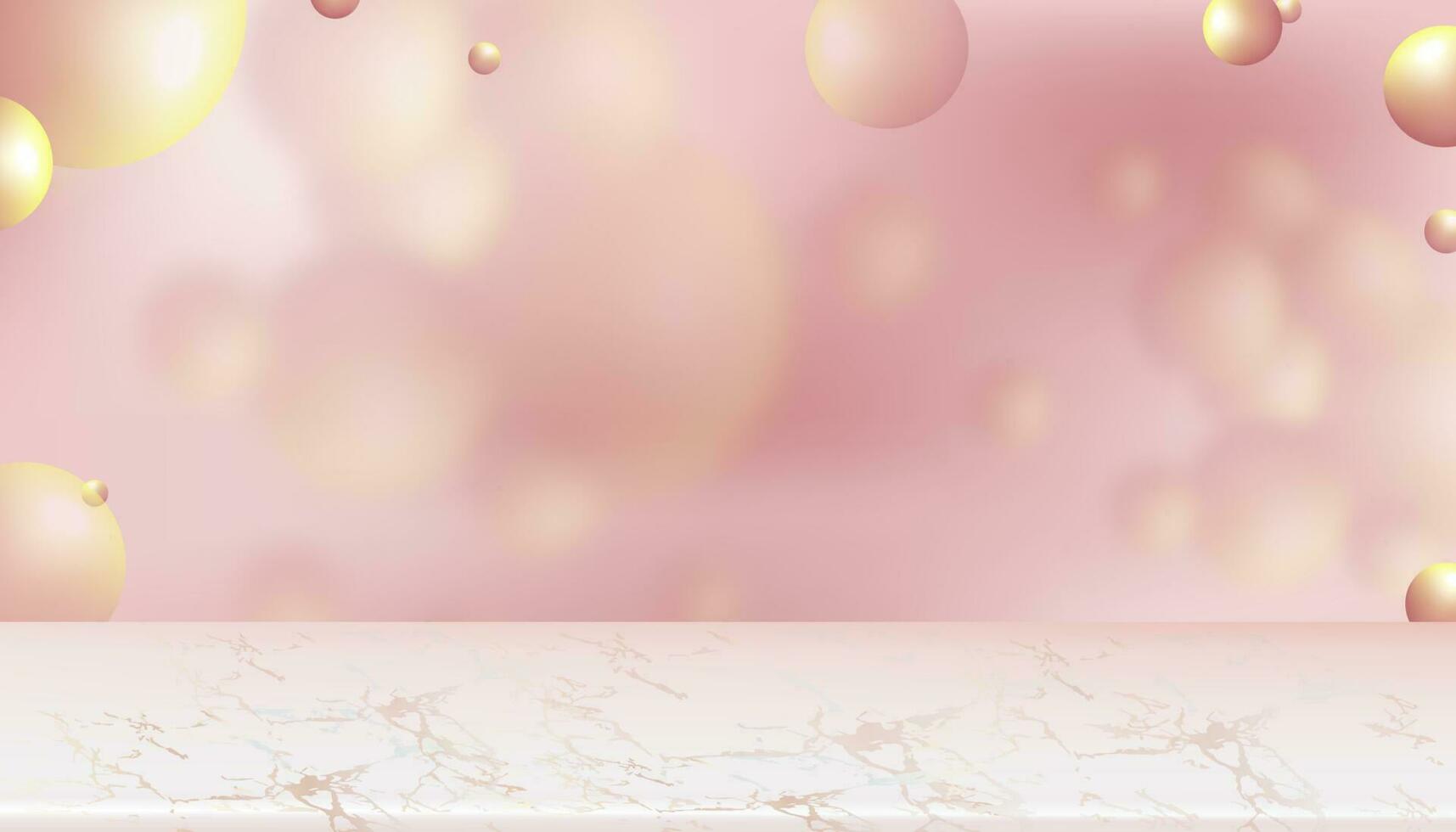 Studio background with Podium Display with Abstract Bubbles 3d spheres cluster Pink pastel background with with Marble floor,Vector Futuristic Random Ball Product Presentation for Cosmetic, Beauty,Spa vector