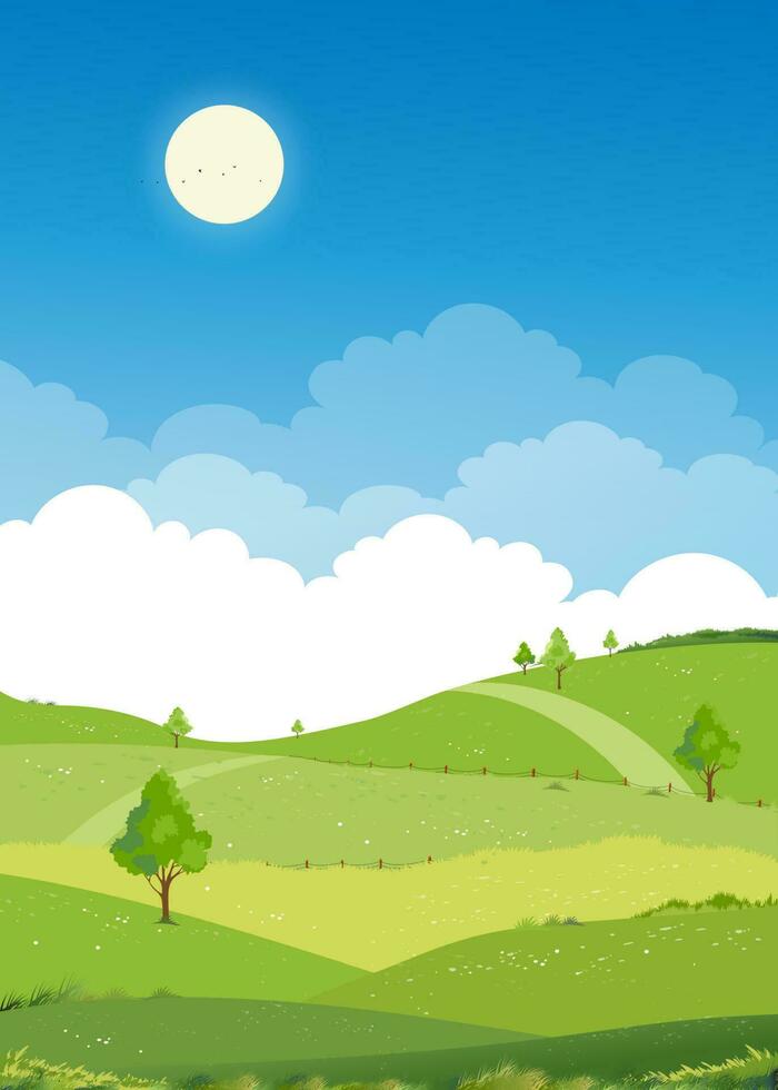 paisaje primaveral campos verdes con fondo de montaña, cielo azul y nubes, naturaleza rural pacífica vertical en primavera con tierra de hierba verde.ilustración vectorial de dibujos animados para la pancarta de primavera y verano vector