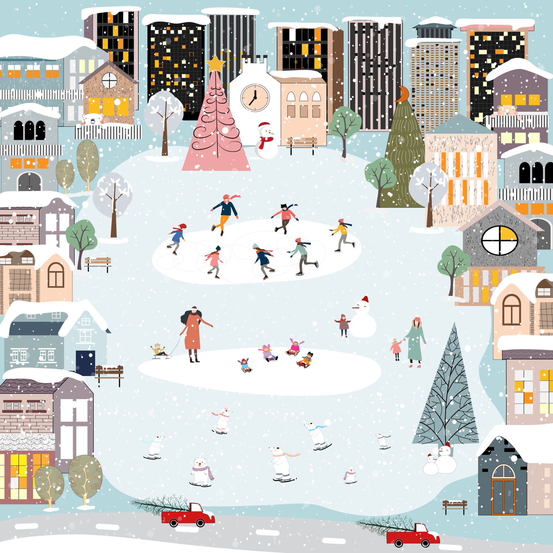 Christmas Card,Winter landscape with snow falling Christmas Eve in City