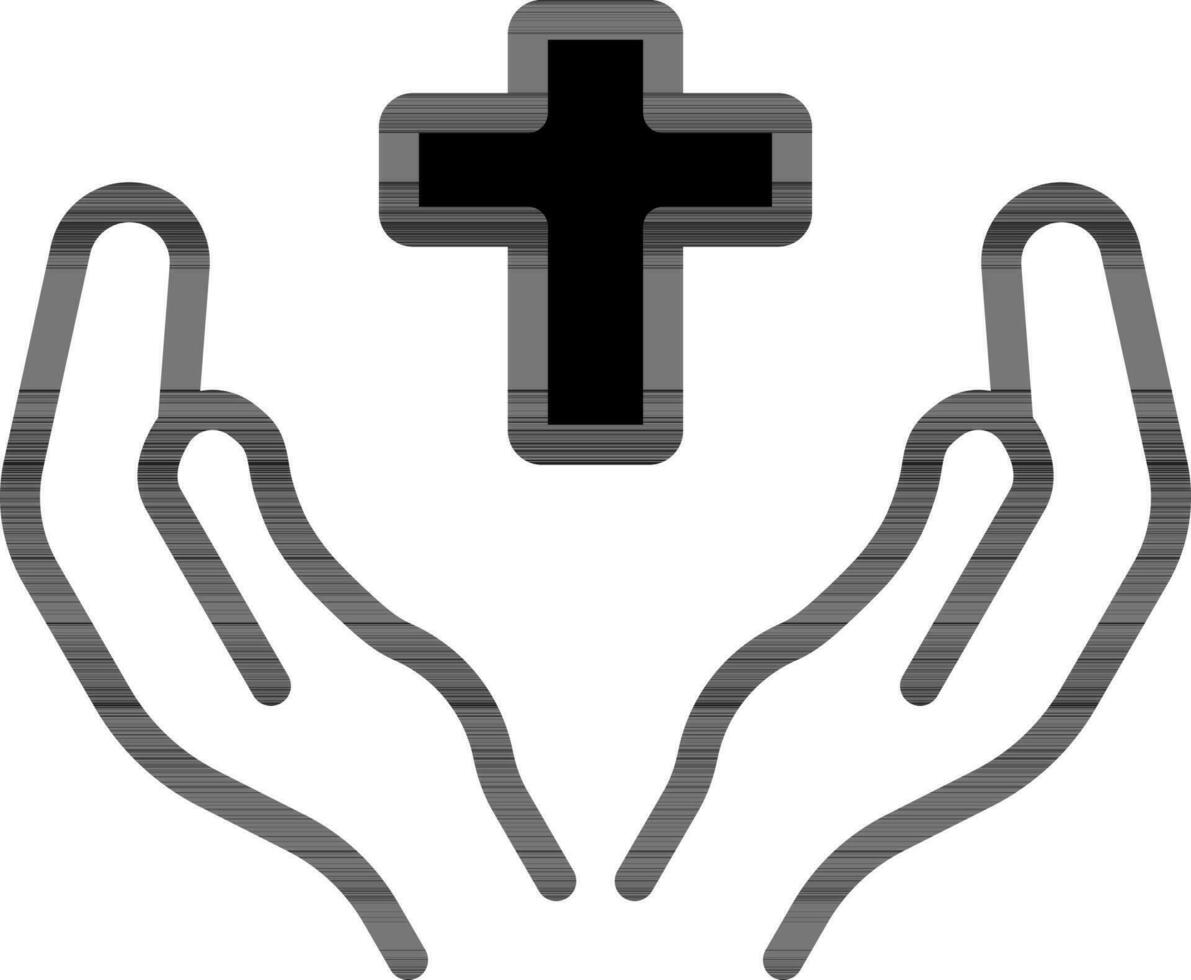 Praying Hands With Cross Icon In Black and White Color. vector