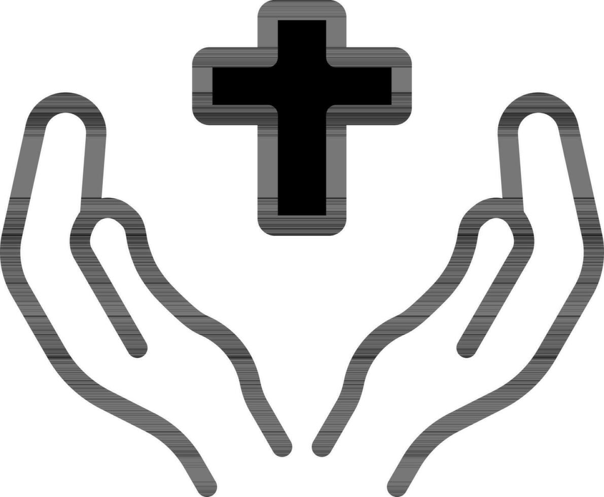 Praying Hands With Cross Icon In Black and White Color. vector