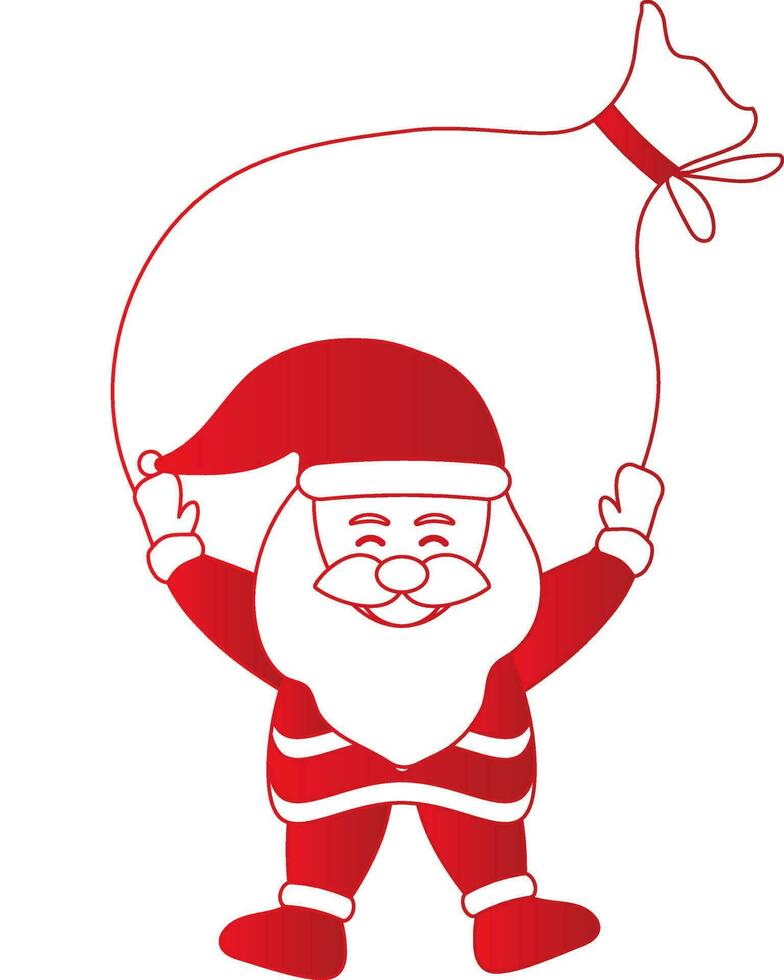 Santa Claus Lifting A Heavy Sack Icon in Red And White Color. vector