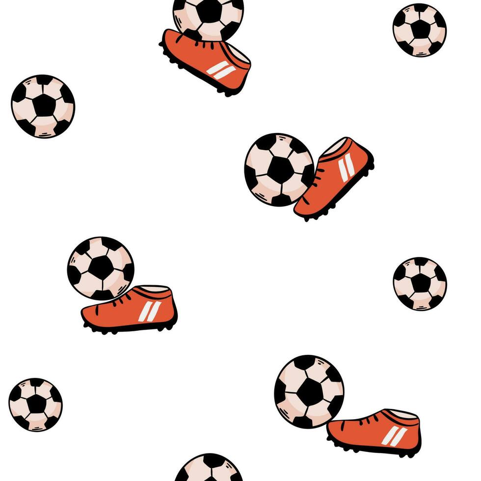 Seamless pattern with soccer balls on a green field. Hand-drawn football balls and soccer striped grass field. Vector illustration for the design of sports posters, banners and design.