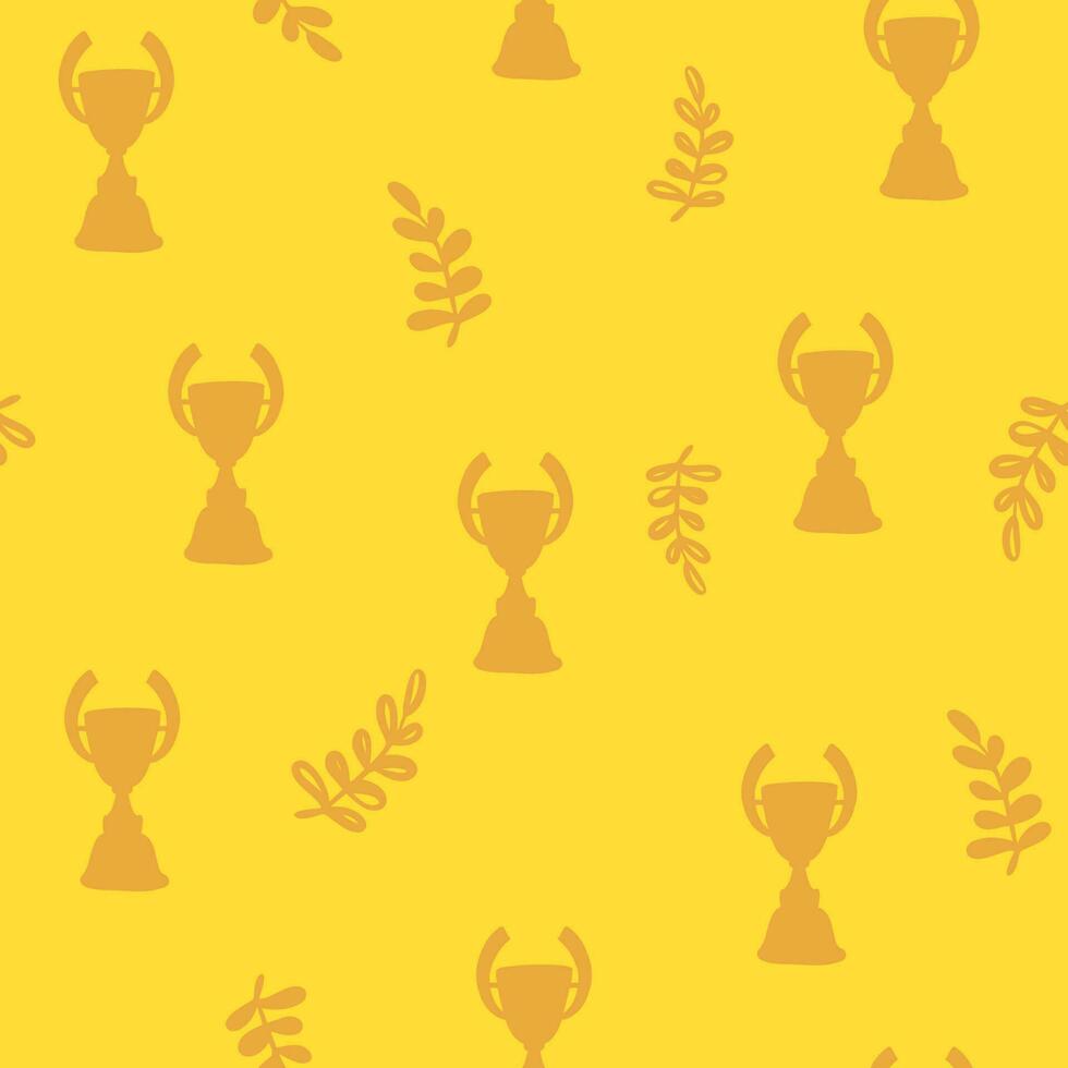 Green line Award cup icon isolated seamless pattern on blue background. Winner trophy symbol. Championship or competition trophy. Sports achievement sign. Vector