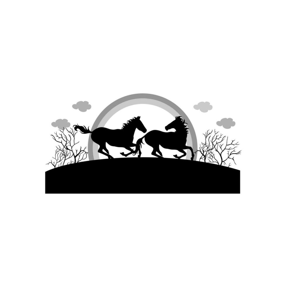 horses running in the wilderness in black and white illustration design vector