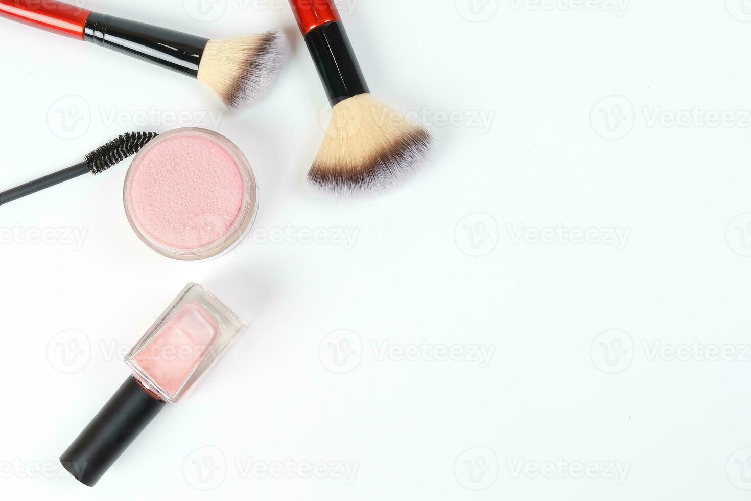 Beauty makeup face hair accessories beautician artist on white background copy space border frame top view photo