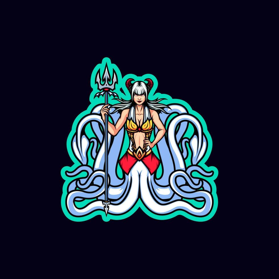 Beautiful Red Horned Deep Sea Queen with Her Gold Trident Mascot vector