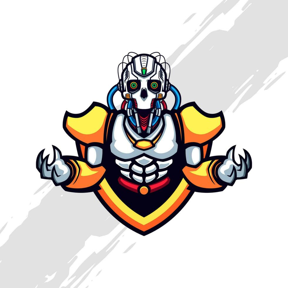 Cyberpunk Skull Robot Injected Cable wearing Clean Armor on Golden Shield vector