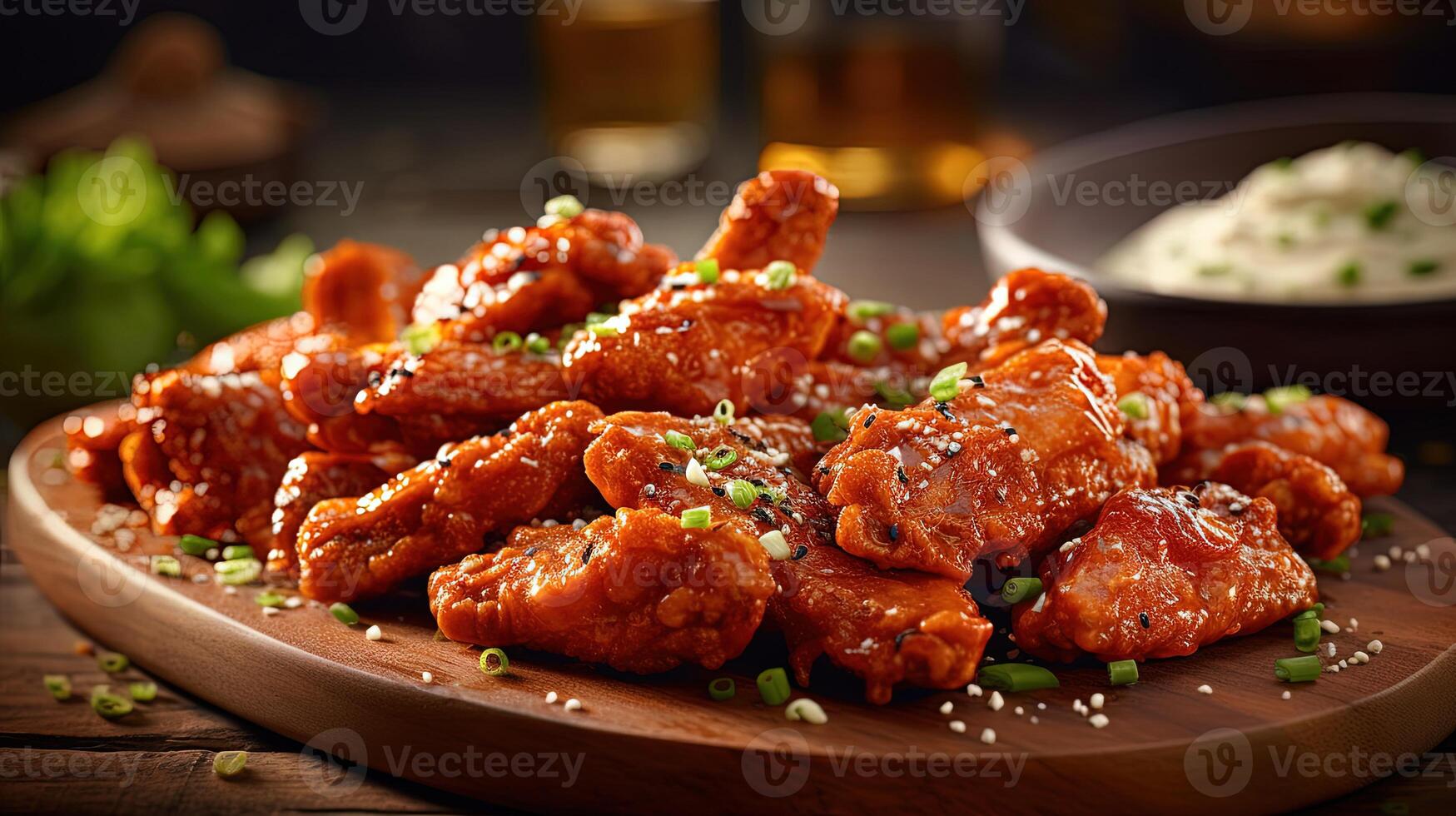 Highlights Image of Crispy Buffalo Chicken Nuggets with Dipping Sauce on Wooden Table. . photo