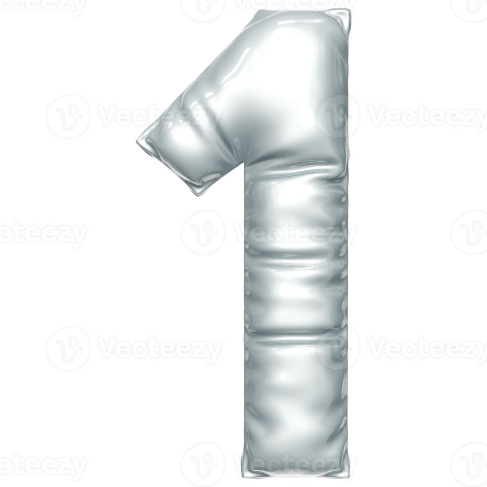 Silver balloon font 3d rendering, ln Number 1 png