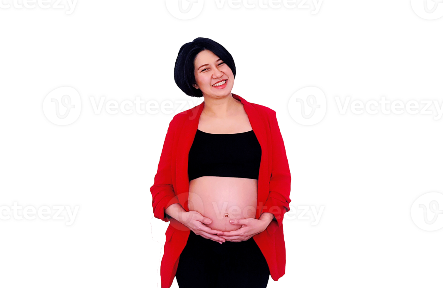 asiatisk gravid kvinna bär röd kostym, stående, leende och rörande eller innehav henne mage isolerat på transparent bakgrund. graviditet 7-8 månader, moderskap, kärlek, förvänta och vård. png genomskinlighet